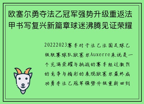 欧塞尔勇夺法乙冠军强势升级重返法甲书写复兴新篇章球迷沸腾见证荣耀时刻